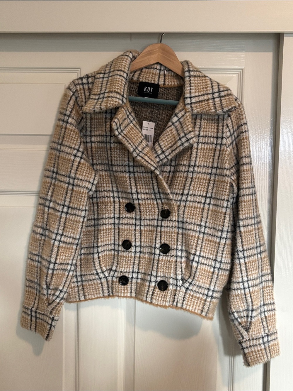 Kut from the Kloth Beige Plaid Double-Breasted Pea Coat